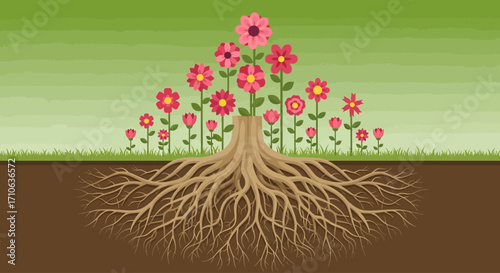 Vibrant pink flowers blossoming from a strong, extensive root system.