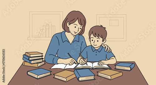 Mother lovingly assists her son with his homework, surrounded by many books.