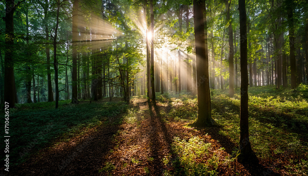 Obraz premium Luminous Rays Of Sunlight Filtering Through Trees In A Dark Forest Creating A Serene And Tranquil Atmosphere