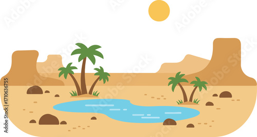 A flat vector illustration of a desert oasis with palm trees, a blue pond, and sand dunes under a bright sun.