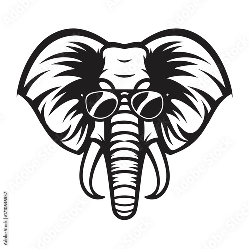 Black silhouette of a cool elephant head wearing sunglasses on a white background