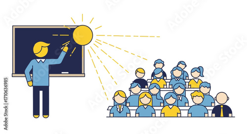 Teacher illuminating a lesson for a large group of students.