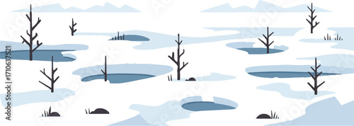 A minimalistic illustration of a winter landscape featuring bare trees, snow-covered ground, and patches of frozen water under a pale sky.