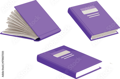 Collection of three purple hardback books with blank spines, one open to reveal pages, in a clean white background