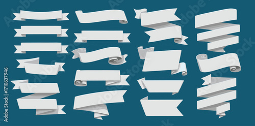 Collection of blank white ribbon banners and tags for design elements, perfect for adding text and information