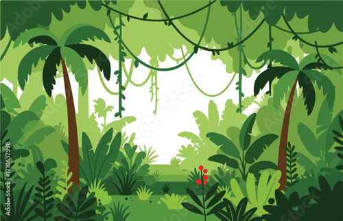 Lush green tropical rainforest scene with palm trees and vines.