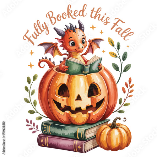 A charming watercolor-style illustration for Halloween features a cute, orange dragon absorbed while reading a book inside a carved jack-o'-lantern. The younger of the young dragon