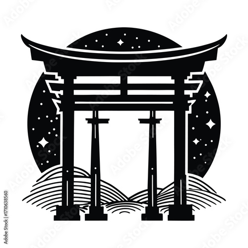 Japanese Torii Gate Night Sky Art Print Minimalist Design on White Background