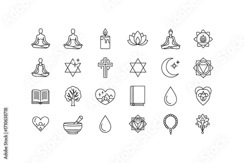 Collection of Thin Line Icons for Spirituality, Religion, and Wellness Including Yoga Poses, Symbols, and Nature Elements