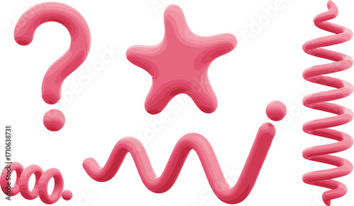 Collection of colorful, stylized shapes including a heart, arrow, and abstract forms, isolated on a white background