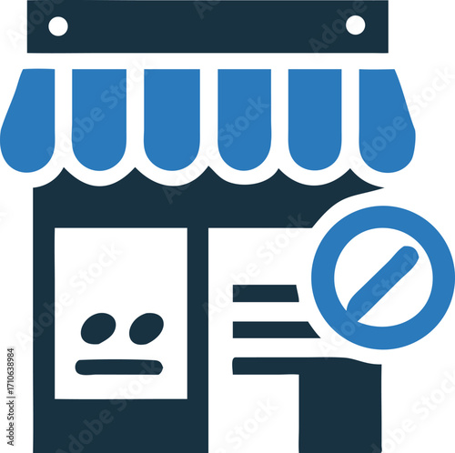 Blue store with a ban icon signifies business suspension or shop unavailable service