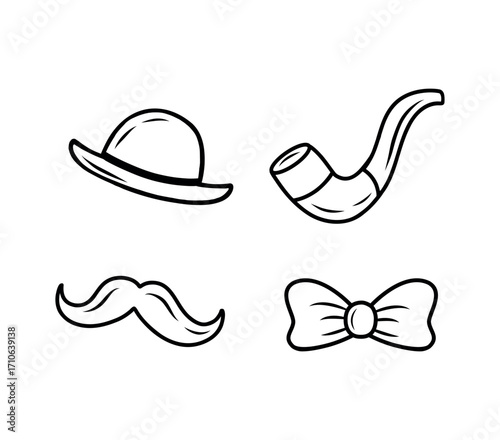 Silhouettes of a mustache, bowler hat, butterfly and a smoking pipe. A set of vector illustrations. Vintage accessories for gentlemen. Men's fashion and style. Highlighted on a white background