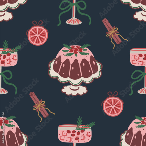 Seamless pattern with Christmas pudding, pink holiday cocktail with berries and bow, cinnamon sticks and citrus slices on dark. Festive hand-drawn vector design for wrapping paper, textile, wallpaper