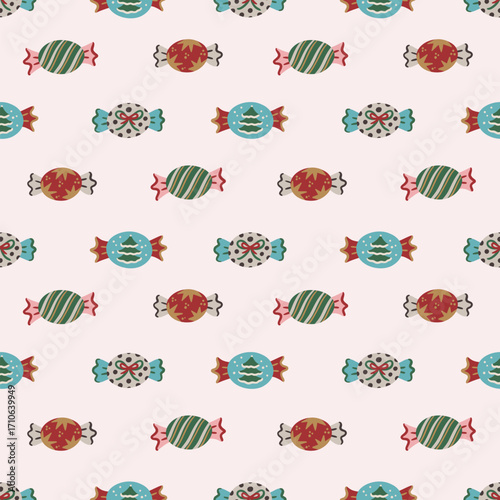 Seamless pattern with assorted wrapped candies featuring Christmas tree, bow, and stripe motifs on light background. Festive hand-drawn vector design for wrapping paper, textile, wallpaper, cover