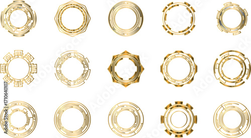 A versatile set of intricate golden futuristic circular ornaments and sacred geometry symbols. Abstract vector design elements for creative projects