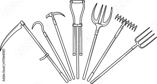 Outline vector illustration of various gardening tools set