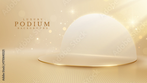 Luxury golden podium with light effect and elegant bokeh effects on cream background.