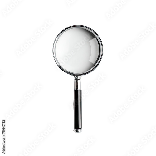 A magnifying glass, clear lens, dark handle, isolated on black background