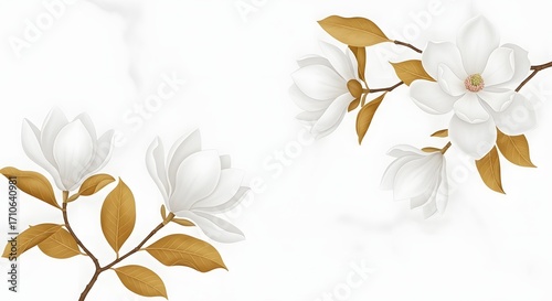Elegant white magnolia blossoms with gold leaves on branches.
