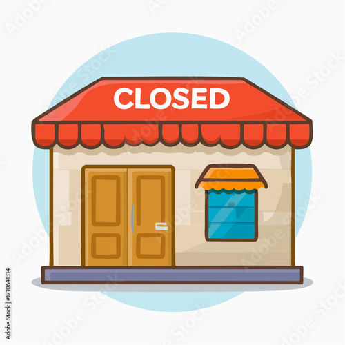 Cartoon storefront with red awning displaying the word CLOSED over double doors and a small window