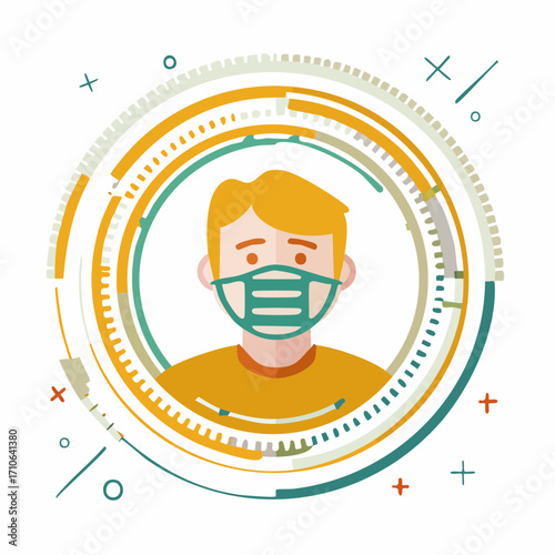 Man in medical face mask illustration surrounded by abstract tech elements