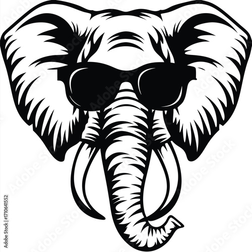 Cartoon elephant head with sunglasses showcases stylish animal art in monochrome simplicity