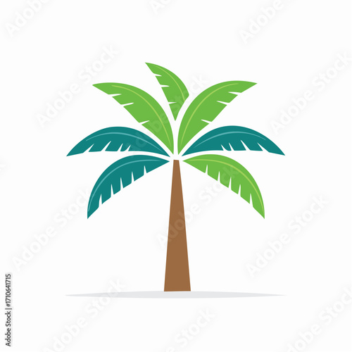 Stylized palm tree with green and teal leaves and a brown trunk vector illustration