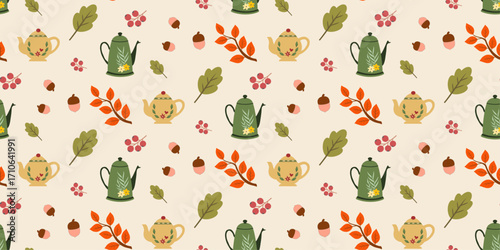Autumn Seamless Pattern with Teapots, Coffee Pots, Acorns and Fall Leaves Illustration. Perfect for decor, wallpaper, fabric, textile, background