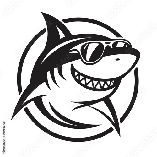 Cartoon shark with sunglasses smiles broadly, positioned within a bold circular frame