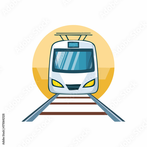Stylized front view of modern white train moving forward on the railway tracks
