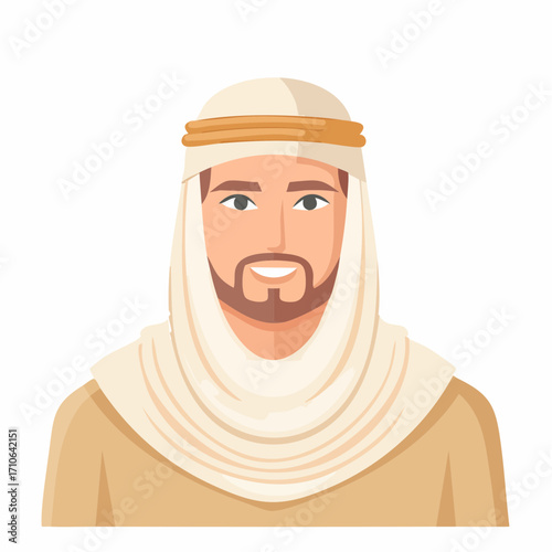 Portrait of a smiling Arabic man in traditional keffiyeh headwear illustration