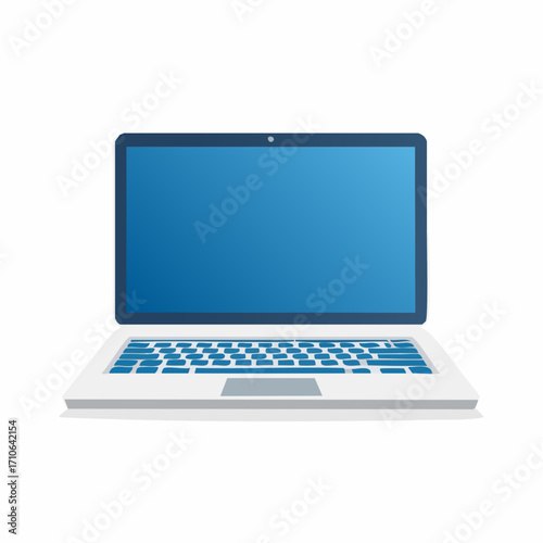 Open laptop with blue screen, keyboard and modern design on white background