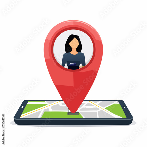 Woman's location displayed on digital map via smartphone navigation app interface