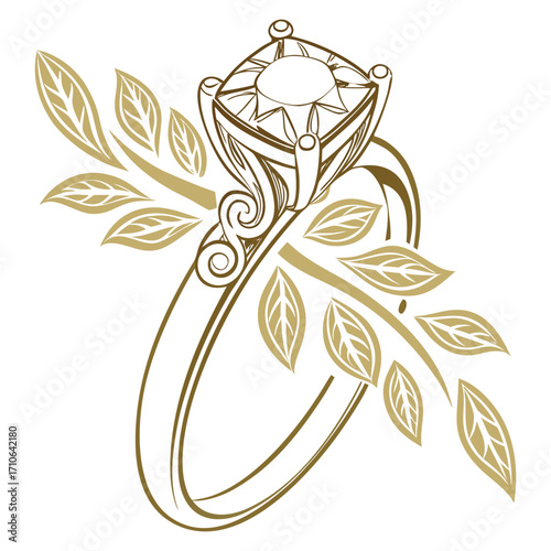 Elegant Diamond Engagement Ring Design with Leaf Accents on White Background