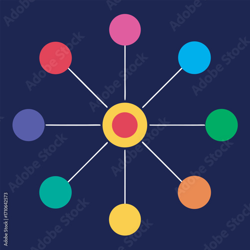Central vertically oriented graphic with diverse color elements and text