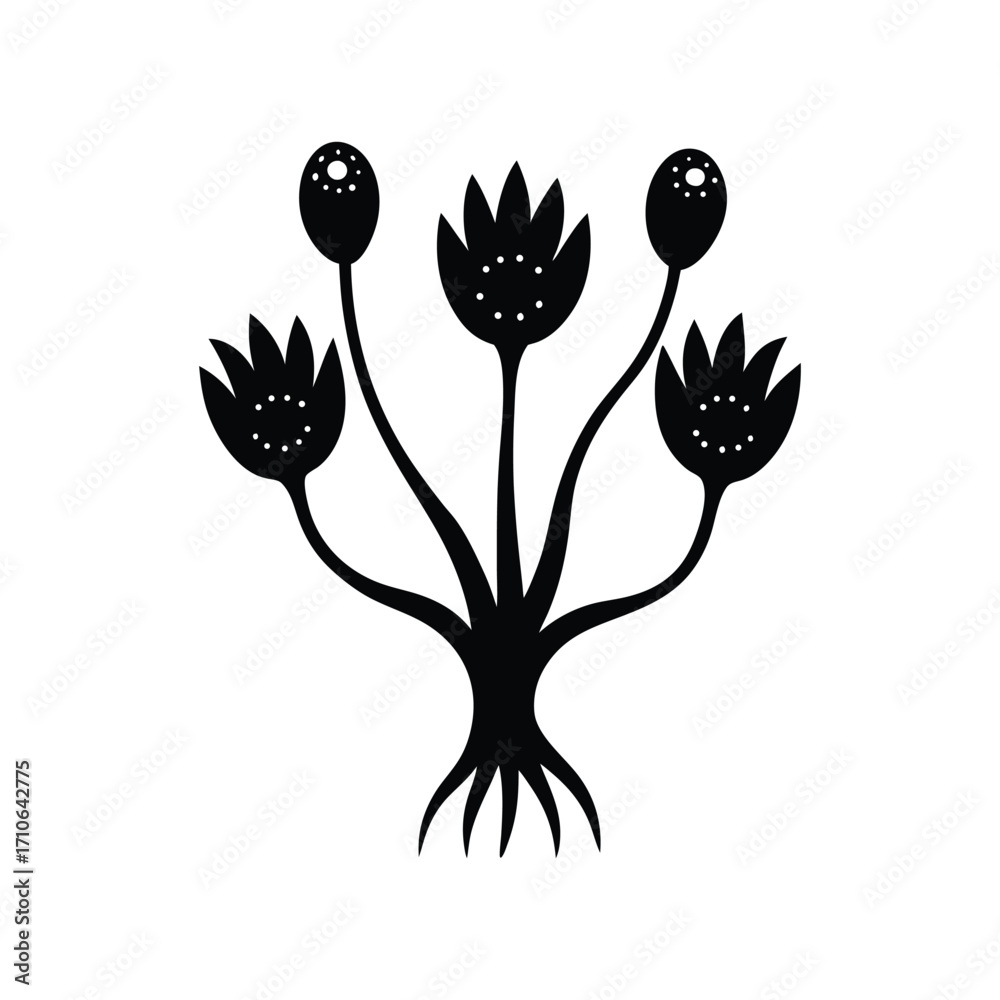 Fototapeta premium Three headed alien bloom surreal multiple flower heads design vector art illustration