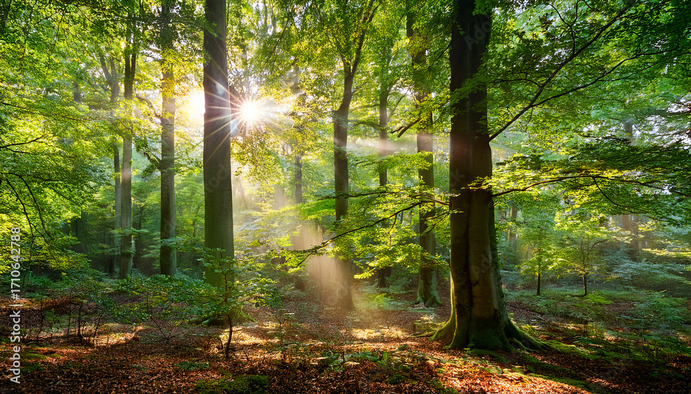 Obraz premium Sunlight Shines Through Dense Forest Canopy Highlighting Vibrant Leaves