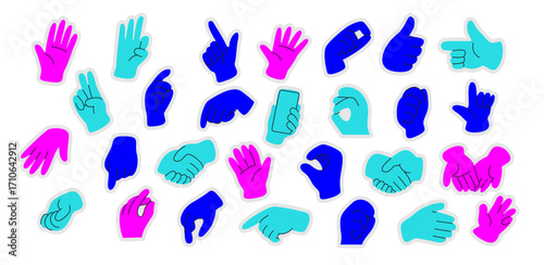 A vibrant collection of hand gesture illustrations in blue, pink, and teal. The diverse array of gestures includes pointing, thumbs up, and peace signs, conveying various expressions and emotions.