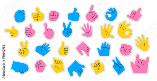 A vibrant collection of colorful hand gesture stickers in blue, yellow, and pink. Featuring various signs like thumbs up, peace, and okay, these playful illustrations add a fun and expressive touch