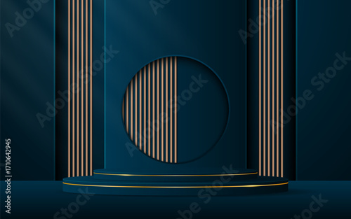Blue podium with elegant golden lines with brown slatted backdrop for advertisement display. Display of cosmetic products. stage or podium. vector illustration	