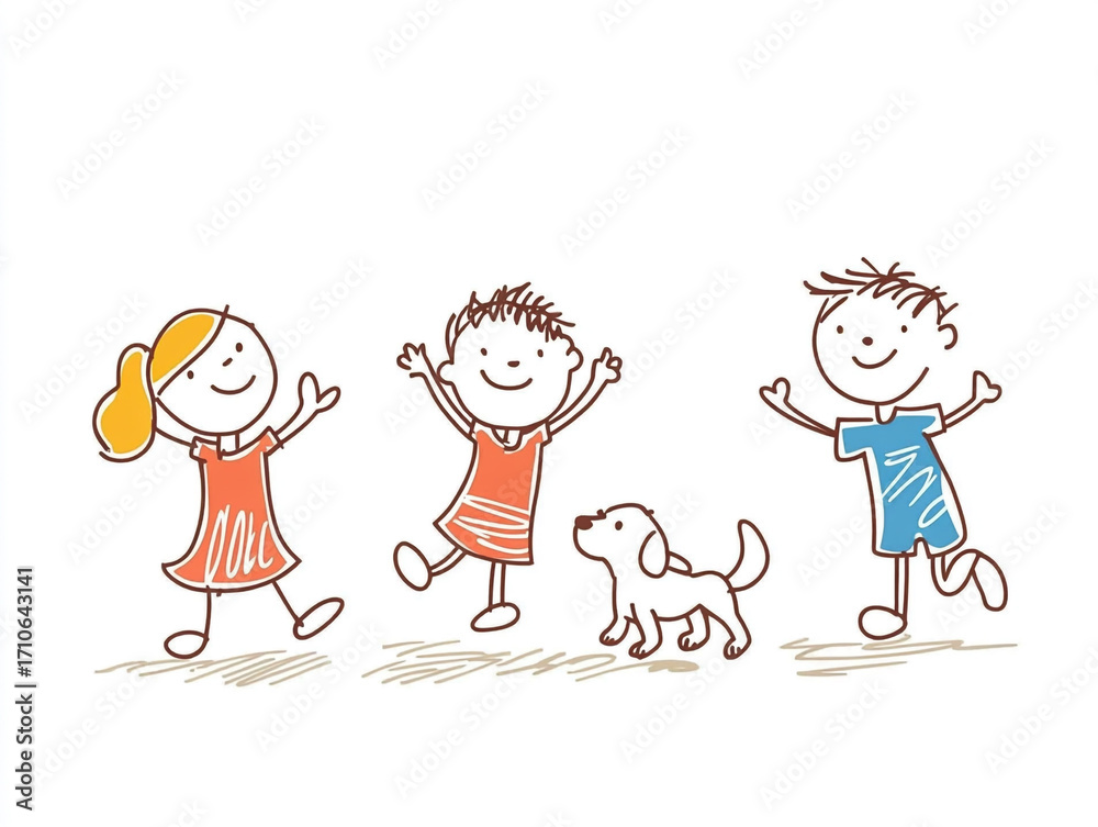 Naklejka premium A whimsical child-like drawing of a boy and a girl playing with a dog in a grassy field under the sun.