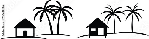 silhouette of Tropical island scene with palm trees and huts