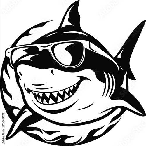 Cool black and white shark grinning with sunglasses surrounding its circular body frame