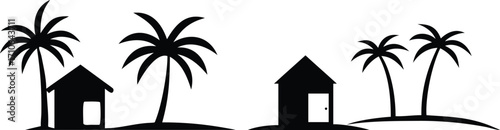 silhouette of Tropical island scene with palm trees and huts