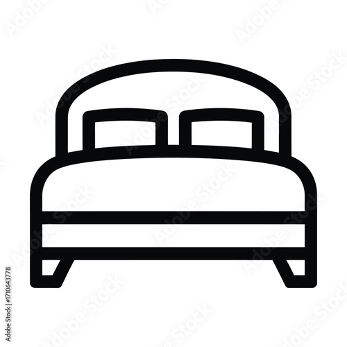 Simple line art icon of a bed with pillows and headboard for sleep and rest