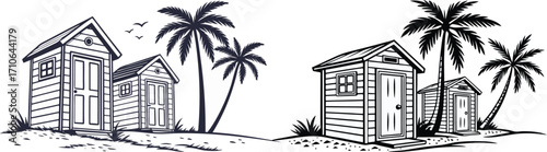 silhouette of Tropical island scene with palm trees and huts