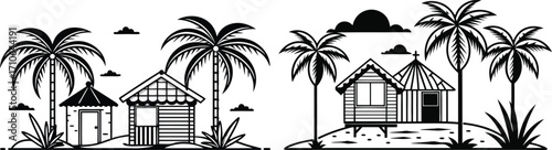 silhouette of Tropical island scene with palm trees and huts
