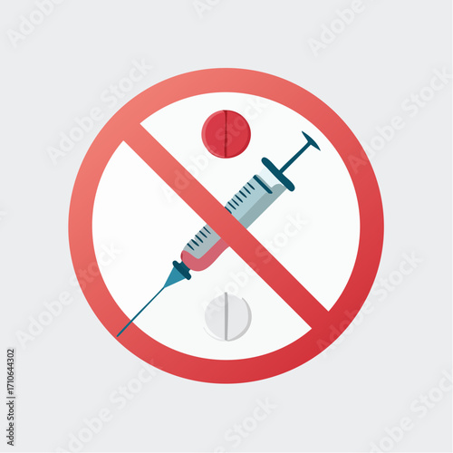 Prohibition Sign Syringe and Pills - Warning Against Drug Use - Minimalist Vector Illustration
