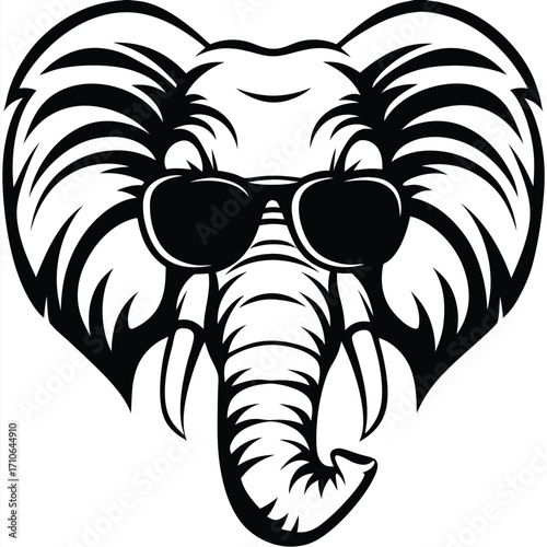 Cool elephant head displays sunglasses in monochrome art, conveying a relaxed and comical scene