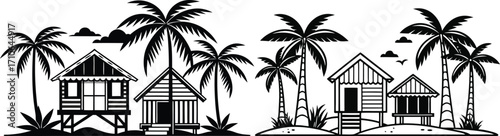 silhouette of Tropical island scene with palm trees and huts